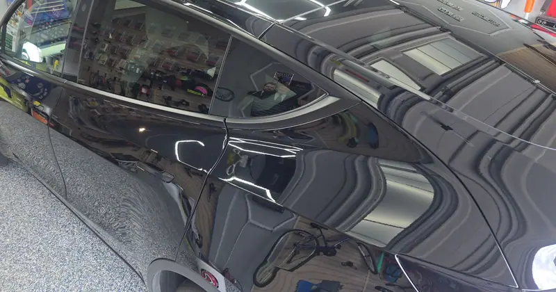 Black Tesla roof and rear pillar with mirror reflections