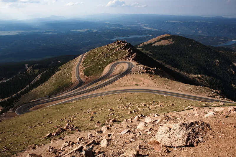 The Pikes Peak Highway switchbacks above Colorado Springs, Colorado