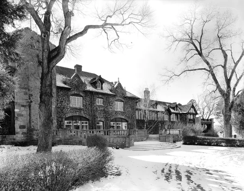 Highlands Ranch Mansion in winter, black and white